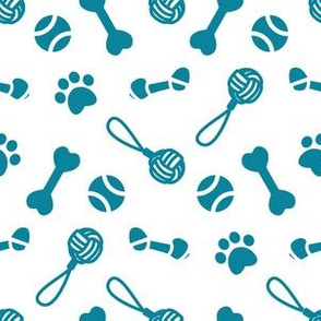 Small scale // Fetch play and chew // white background turquoise bones balls pet toys and paw prints