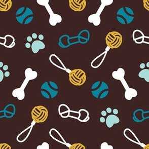 Small scale // Fetch play and chew // dark brown background white aqua turquoise and yellow bones balls pet toys and paw prints
