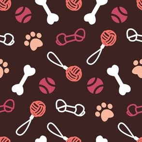 Small scale // Fetch play and chew // dark brown background white coral and red bones balls pet toys and paw prints
