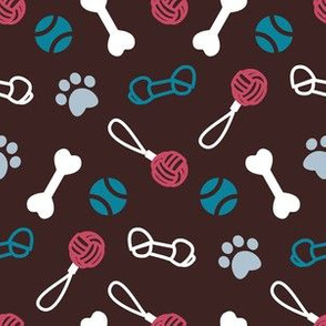 Small scale // Fetch play and chew // dark brown background white blue turquoise and red bones balls pet toys and paw prints