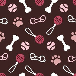 Small scale // Fetch play and chew // dark brown background white pink and red bones balls pet toys and paw prints