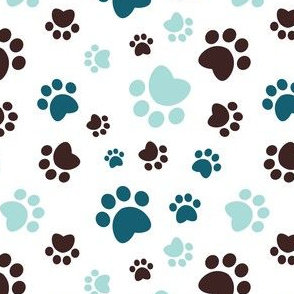 Small scale // Paw prints // white background dark brown turquoise and aqua animal foot prints