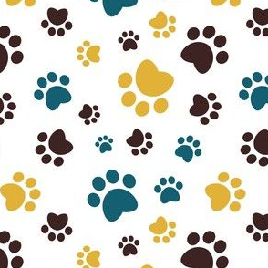 Small scale // Paw prints // white background dark brown turquoise and yellow animal foot prints