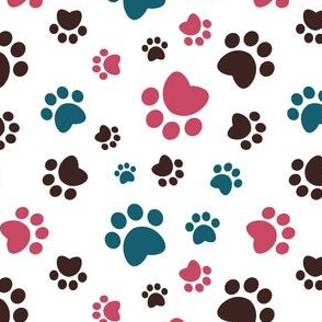 Small scale // Paw prints // white background dark brown turquoise and red animal foot prints