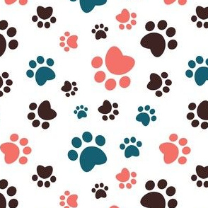 Small scale // Paw prints // white background dark brown turquoise and coral animal foot prints
