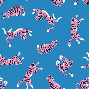 Pink tigers on blue ( large scale)