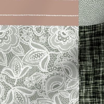 kiss me kate patchwork // flax olive stripe, blue olive linen, laurel lace, tess 13-2, kiss me kate 51-1