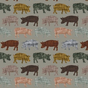 small pigs on 8380 // laurel linen, spice linen no. 2, gingerbread linen, pewter linen, blue olive linen, mocha linen, cedar linen