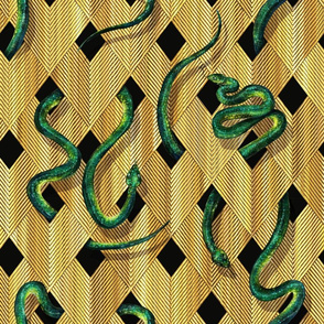 Green Snakes on Golden Weave