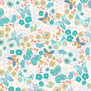 Modern Floral Butterfly in Teal, Green, Blue, Mustard Yellow, Pink and Coral