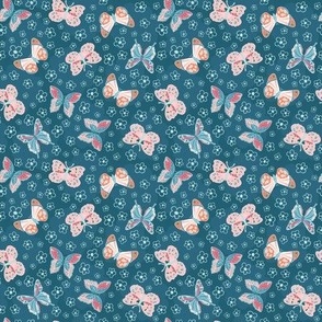 Butterfly Tossed Pattern with Daisies in Blues and Pinks 