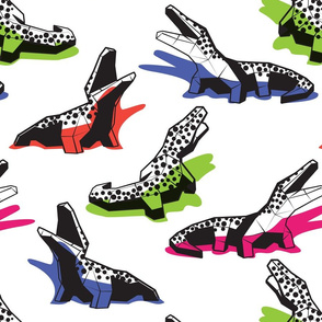 Normal scale // Neon geo crocodiles // white background black and white geometric animals green fuchsia pink blue and orange shadows