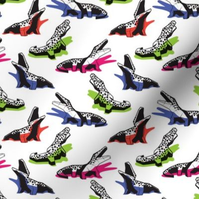 Tiny scale // Neon geo crocodiles // white background black and white geometric animals green fuchsia pink blue and orange shadows