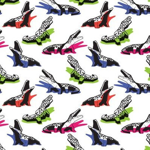 Tiny scale // Neon geo crocodiles // white background black and white geometric animals green fuchsia pink blue and orange shadows