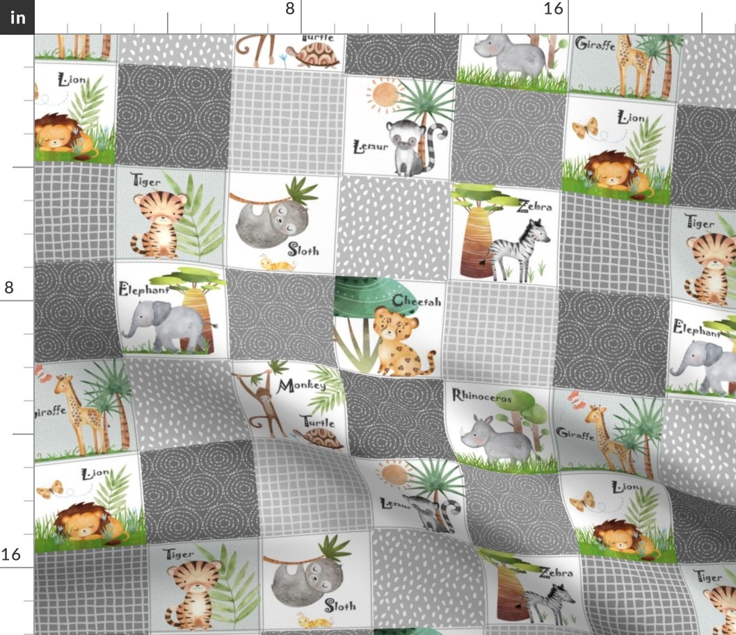 3" Grey Safari Wild Animal Patchwork Quilt - Jungle Animal Nursery Bedding, Lion Elephant Giraffe Zebra Rhino Cheetah, Gray CC