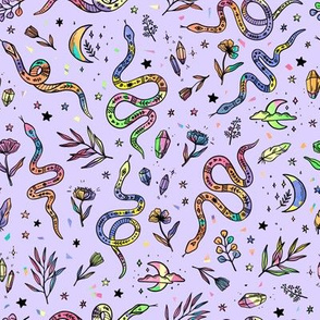 multicolor snakes on a lilac background