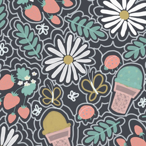 Strawberry Daisy Ice Cream, Coral Teal,  Large Print