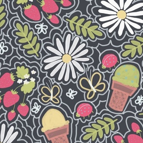 Strawberry Daisy Ice Cream Cone, Berry Avocado, Large Print Girls Print