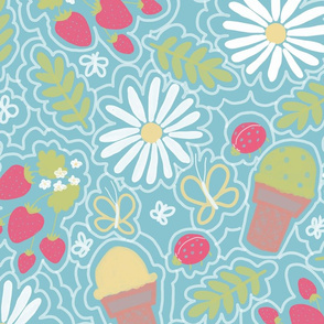 Strawberry Daisy Ice Cream Cone, Pink Blue, Large Print Girls Print