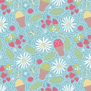 Strawberry Daisy Ice Cream Cone, Pink Blue, Large Print Girls Print