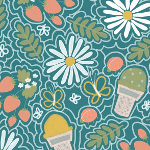 Strawberry Daisy Ice Cream Cone, Teal Coral, Small Print Girls Print