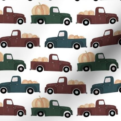 Vintage Trucks| Old Pickups with Pumpkins| Muted Red, Green, Blue|Renee Davis