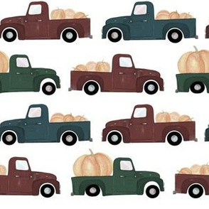 Vintage Trucks| Old Pickups with Pumpkins| Muted Red, Green, Blue|Renee Davis