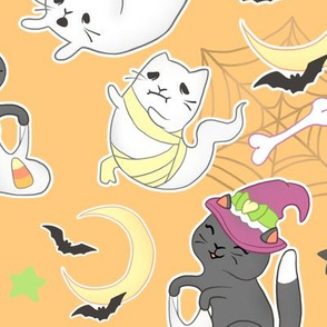 large halloween cats and ghosts on orange