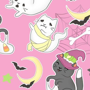 large halloween cats and ghosts on pink