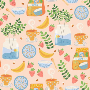 Oatmeal Pastel Breakfast Banana and Strawberry Pink Background