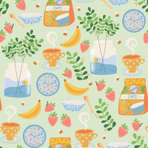 Oatmeal Pastel Breakfast Banana and Strawberry Green Background