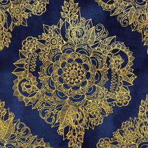 Golden Yellow Floral Moroccan Doodle on Deep Indigo Ink