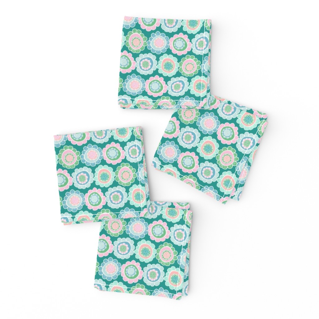 Whimsical Hand-drawn Floral in Teals, Blues and Pink