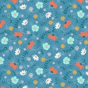 Whimsical Tossed Floral of Hand-Drawn Flowers in Blue, Coral and White