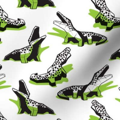 Small scale // Neon geo crocodiles // white background black and white geometric animals green shadows