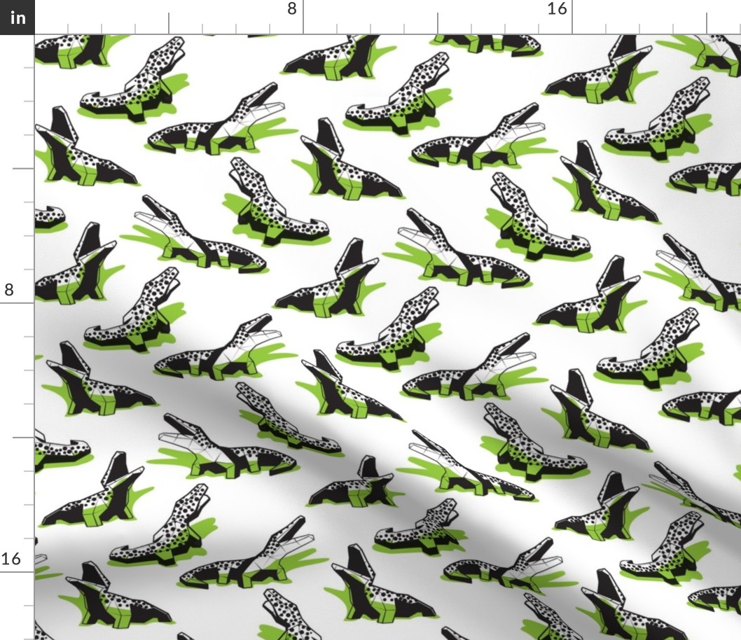 Small scale // Neon geo crocodiles // white background black and white geometric animals green shadows