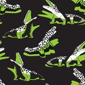 Small scale // Neon geo crocodiles // black background black and white geometric animals green shadows