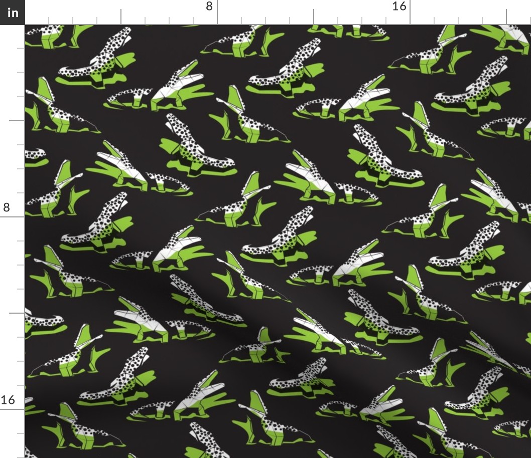 Small scale // Neon geo crocodiles // black background black and white geometric animals green shadows