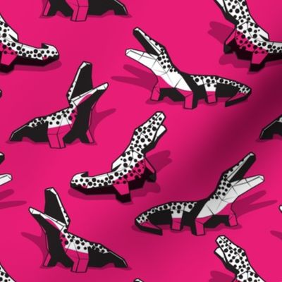 Small scale // Neon geo crocodiles // fuchsia pink background black and white geometric animals