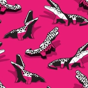 Small scale // Neon geo crocodiles // fuchsia pink background black and white geometric animals