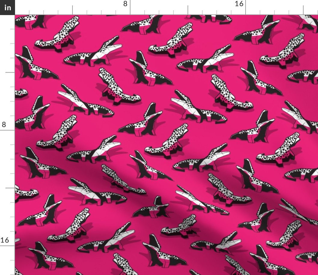 Small scale // Neon geo crocodiles // fuchsia pink background black and white geometric animals