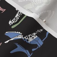 Small scale // Geometric crocodiles // black background black and white geo animals sage green taupe brown blue and blush pink  shadows