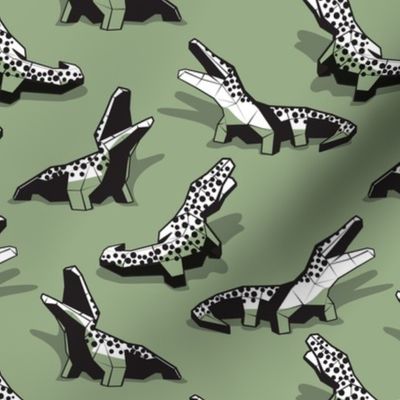 Small scale // Neon geo crocodiles // sage green background black and white geometric animals