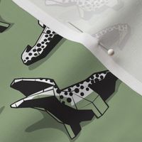 Small scale // Neon geo crocodiles // sage green background black and white geometric animals