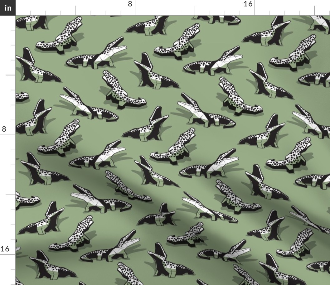 Small scale // Neon geo crocodiles // sage green background black and white geometric animals