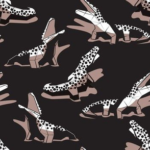 Small scale // Geometric crocodiles // black background black and white geo animals taupe brown shadows