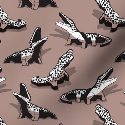 Small scale // Neon geo crocodiles // taupe brown background black and white geometric animals