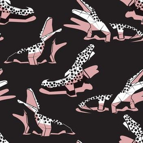 Small scale // Geometric crocodiles // black background black and white geo animals blush pink shadows