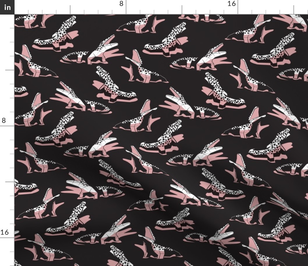 Small scale // Geometric crocodiles // black background black and white geo animals blush pink shadows