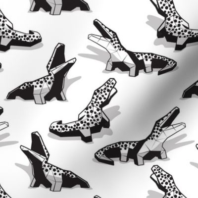 Small scale // Geometric crocodiles // white background black and white geo animals grey shadows